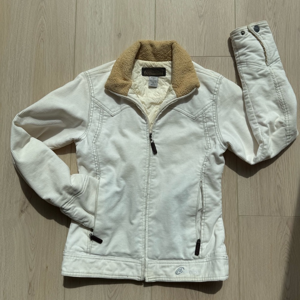 Cloudveil Women's White Corduroy Jacket with Tan Fur Accents